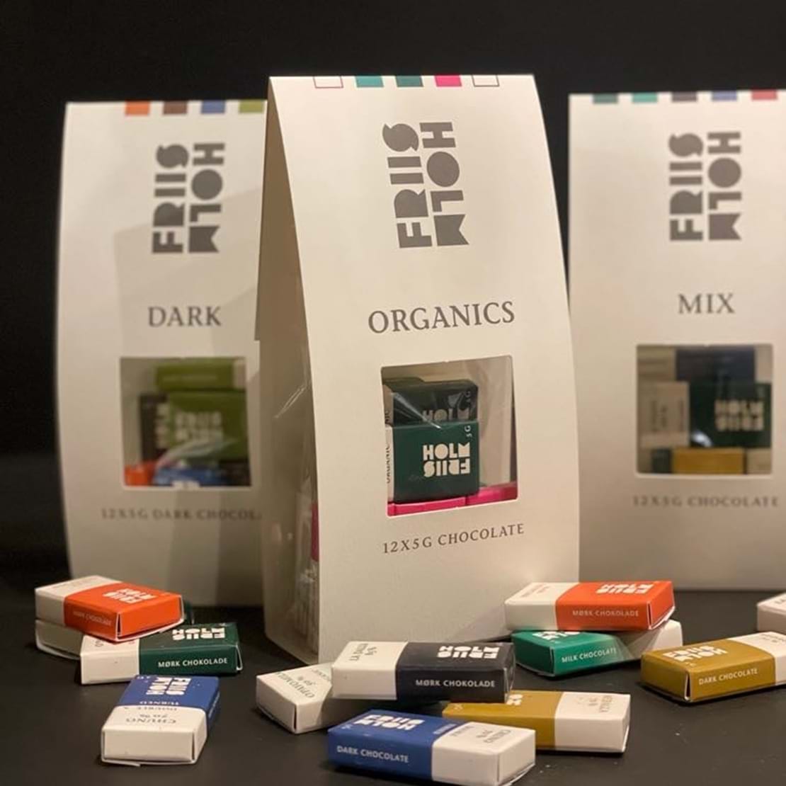Friis Holm chokolade i varianterne mix, organic og dark.