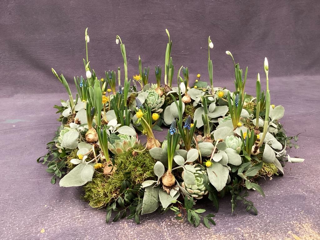 Naturkrans med en bund af mos. Kransen er plantet med forårsløg, eukalyptus og husløg.