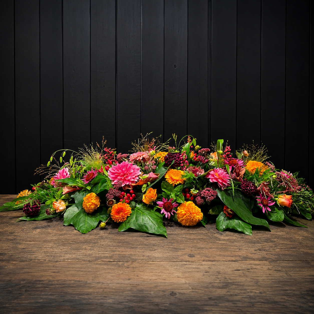 Kistepynt bundet med friske og farverige blomster i et naturligt og livligt udtryk. 