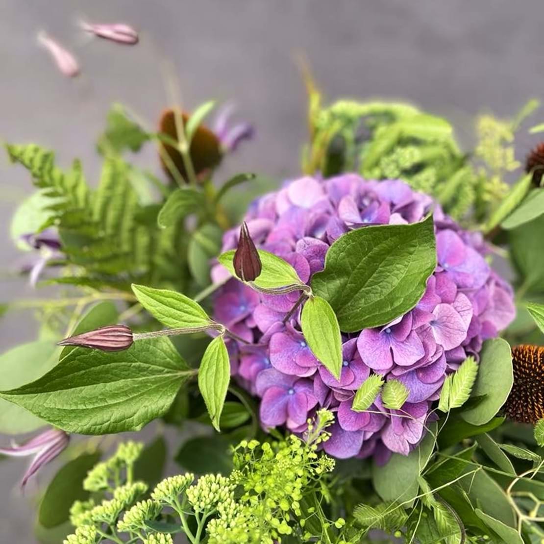Den lille vilde buket bundet i et vildt udtryk med hortensia og sommergrønne blomster.