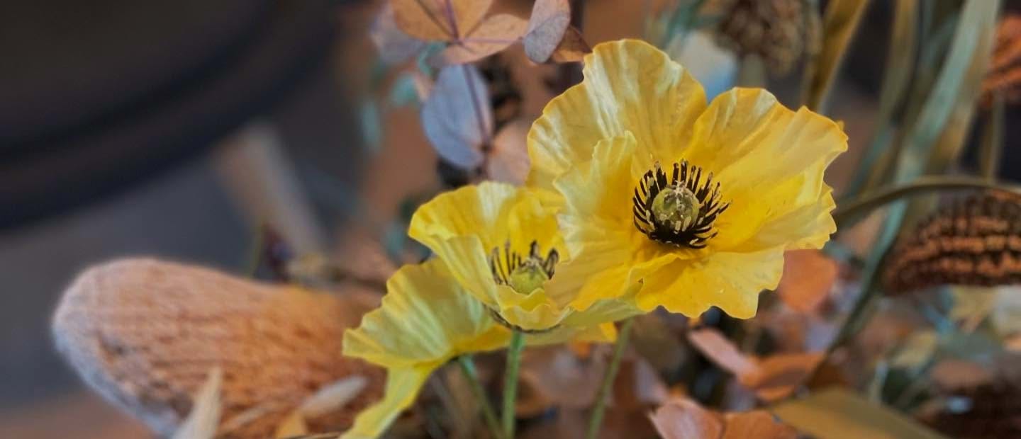 Tørret buket med et livligt og æstetisk udtryk i creme, natur og gule nuancer.