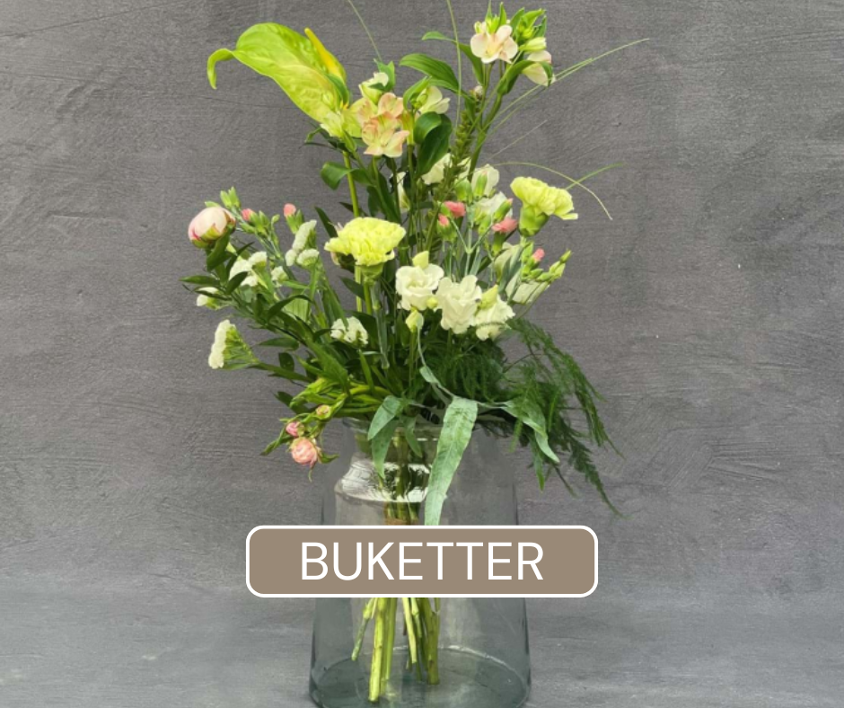 Høj have buket bundet i hvide og lysegrønne nuancer. 